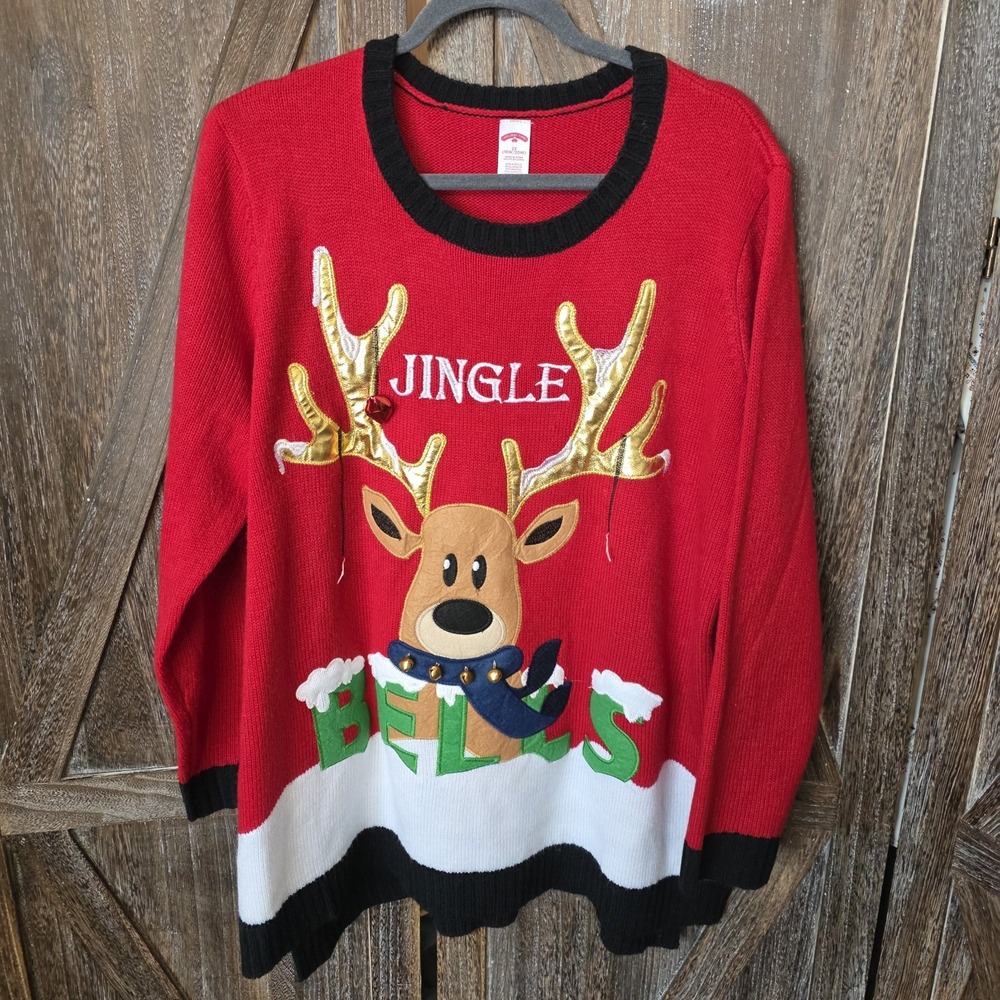 Holiday Time Sweater Women's Size 2X (18/20) Jingle Bells‎ Reindeer Ugly Sweater